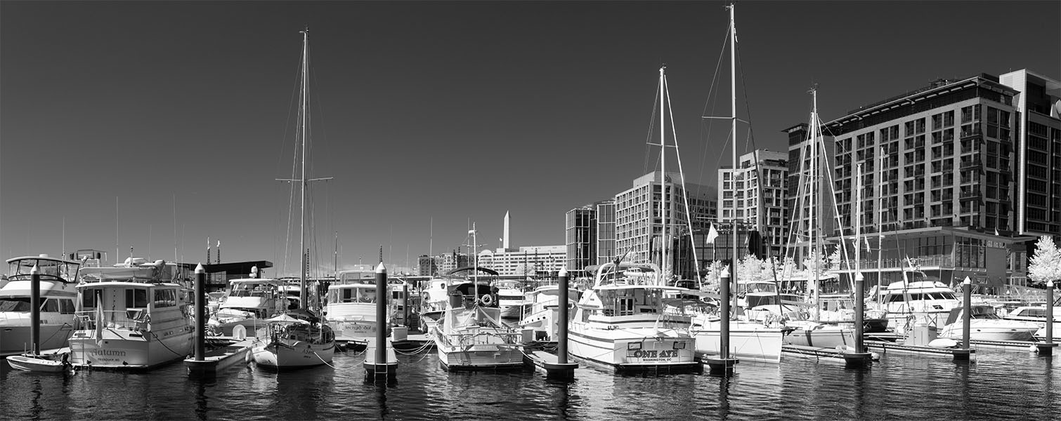 Infrared Panorama of Sunlit Marina in Washington DC.